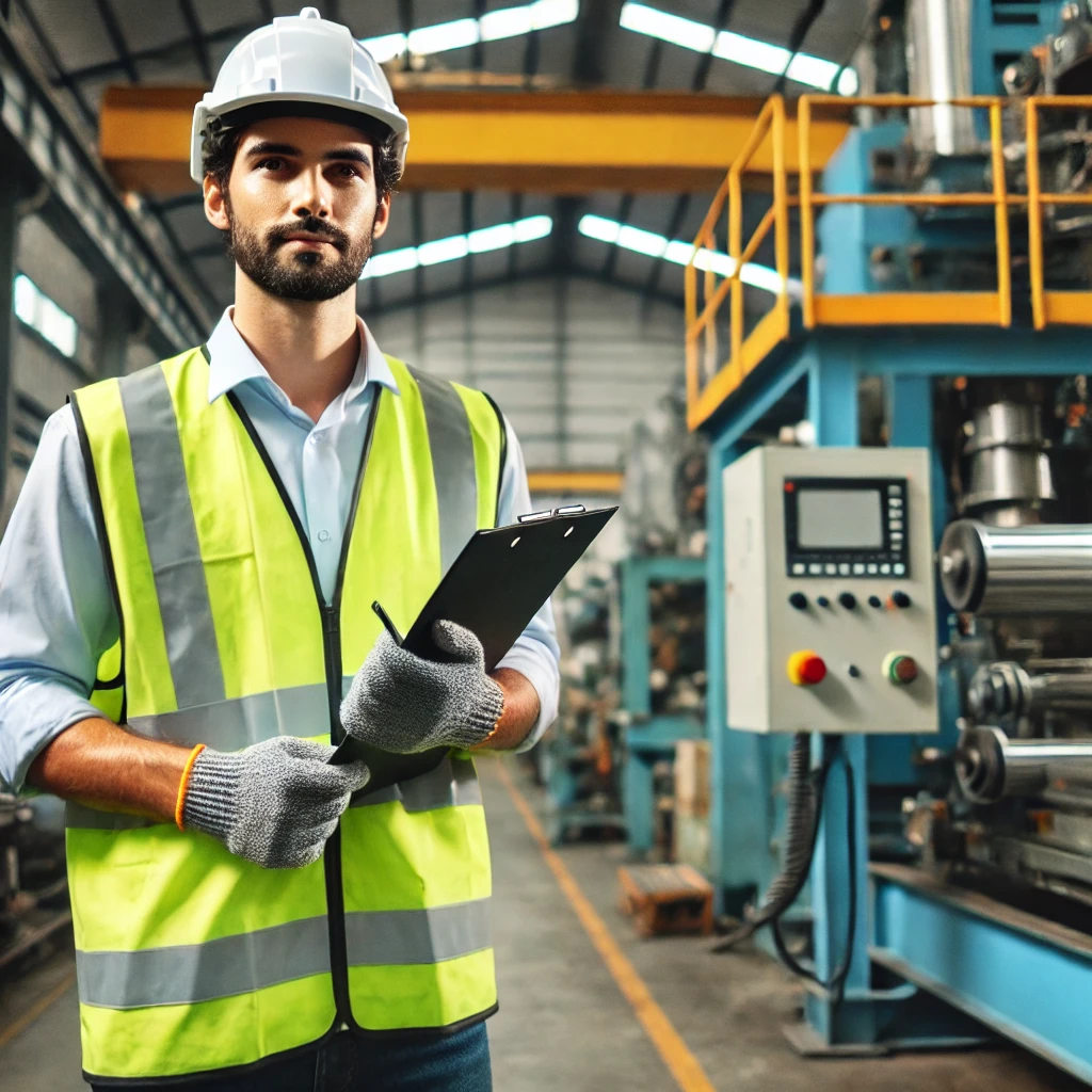 DALL·E 2025 03 09 22.49.06 A safety and health officer in an industrial factory wearing a high visibility vest safety helmet and protective gloves. They are holding a clipboa