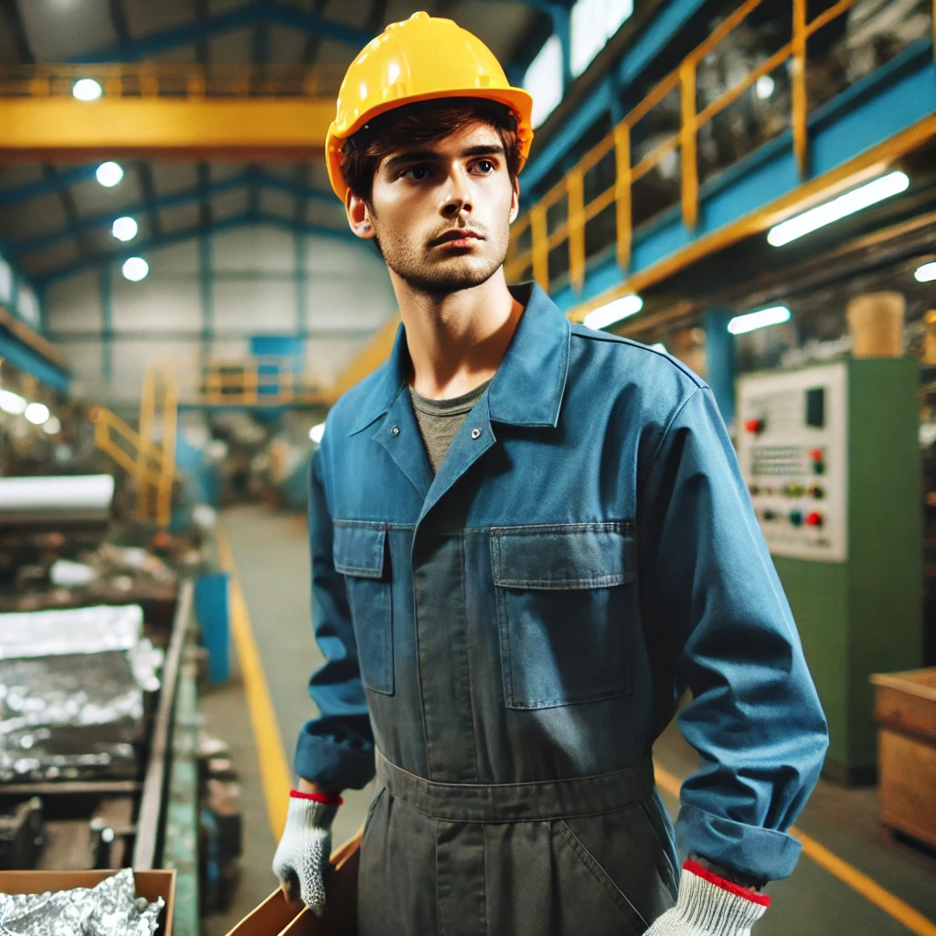 DALL·E 2025 03 09 23.04.42 An unskilled industrial factory worker wearing a yellow hard hat and a simple blue uniform. He is engaged in basic tasks such as carrying materials or