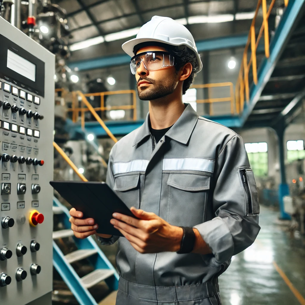 DALL·E 2025 03 09 23.05.16 An industrial factory technician wearing a white hard hat safety goggles and a gray uniform with reflective stripes. He is using a tablet to monitor
