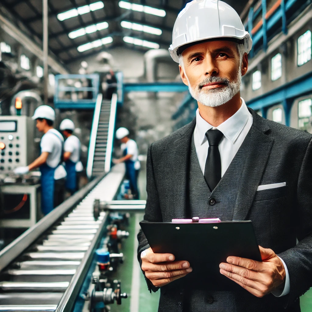 DALL·E 2025 03 09 23.06.40 An industrial factory production manager wearing a white hard hat and a formal yet practical uniform. He is holding a clipboard and inspecting the pro